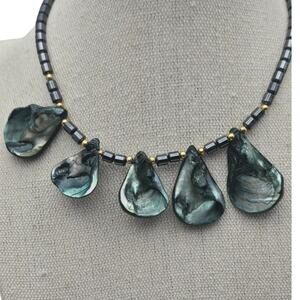 Elegant Black and Green Shell Pendant Necklace with Gold Accents